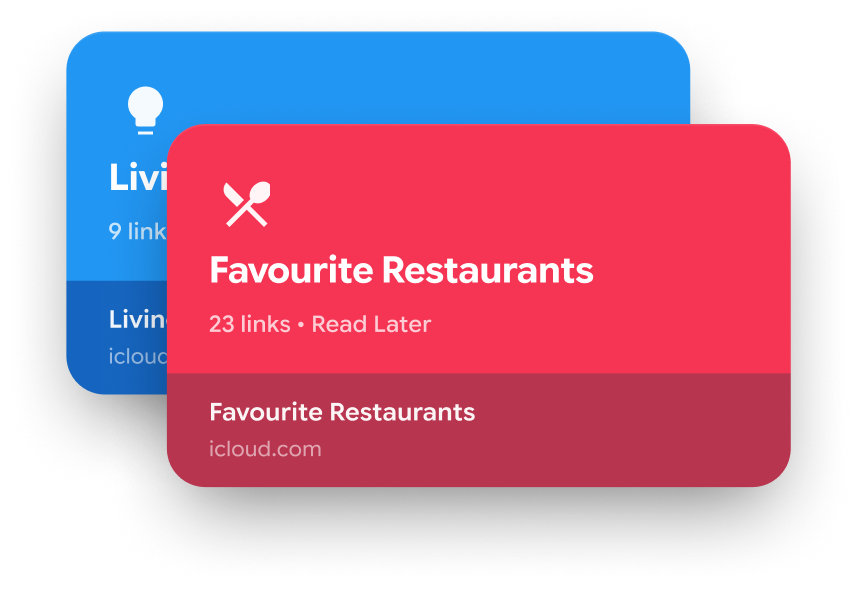 Two shared collection cards: Living Room Inspiration and Favourite Restaurants