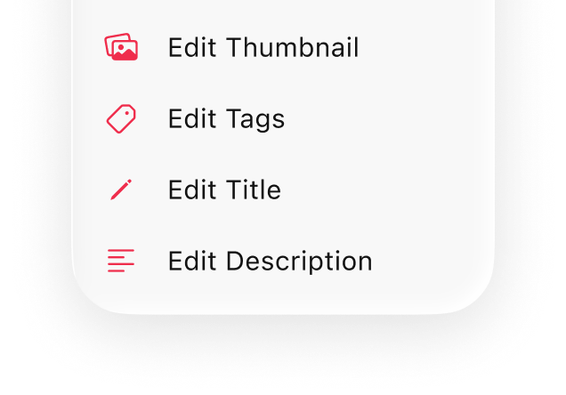 Edit menu with Edit Thumbnail, Edit Tags, Edit Title and Edit Description actions