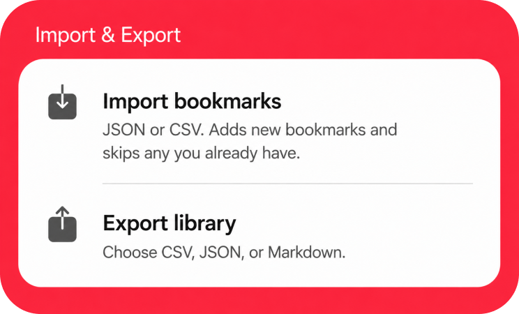 Import and Export settings card with Import bookmarks and Export library options