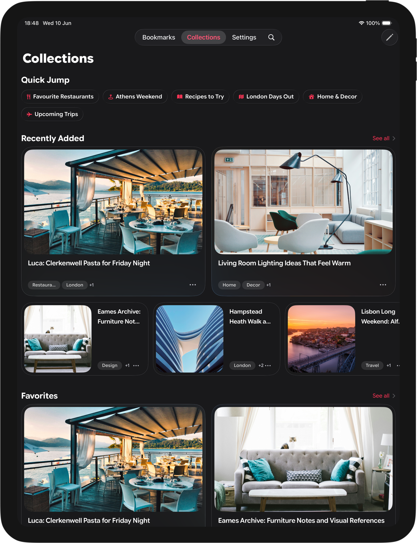 The Read Later iPad app in dark mode, showing a Collections home with Quick Jump shortcuts, Recently Added cards and Favorites.