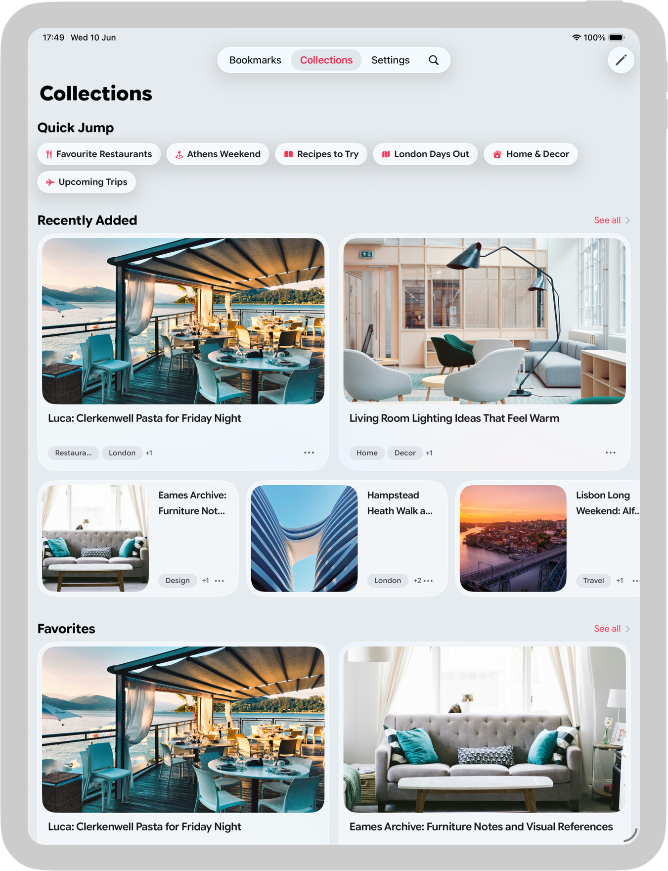 The Read Later iPad app in light mode, showing a Collections home with Quick Jump shortcuts, Recently Added cards and Favorites.